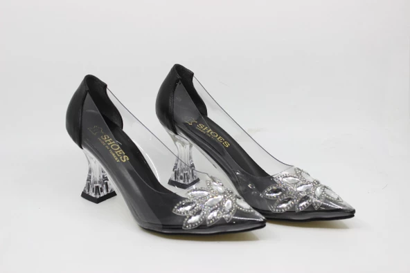 Zerhan Kadın Sivri Burun Şeffaf Kadeh Topuk Siyah Astarlı Taşlı Abiye Ayakkabı CYS2001 - Resim 4
