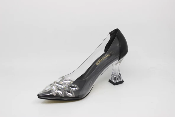 Zerhan Kadın Sivri Burun Şeffaf Kadeh Topuk Siyah Astarlı Taşlı Abiye Ayakkabı CYS2001 - Resim 8