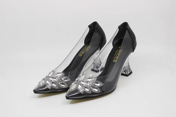 Zerhan Kadın Sivri Burun Şeffaf Kadeh Topuk Siyah Astarlı Taşlı Abiye Ayakkabı CYS2001 - Resim 3