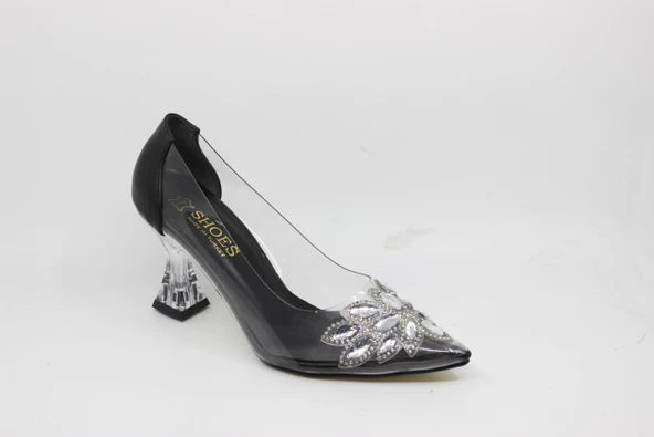 Zerhan Kadın Sivri Burun Şeffaf Kadeh Topuk Siyah Astarlı Taşlı Abiye Ayakkabı CYS2001 - Resim 9
