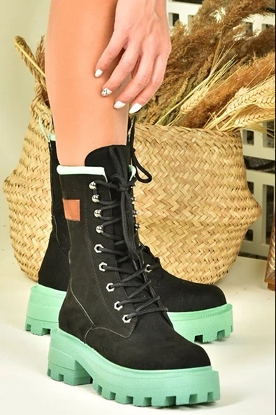 Antigro Kadın Siyah Yeşil Süet Bağcıklı Spor Postal