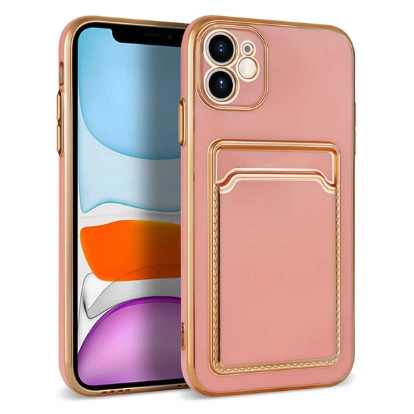 Vendas iPhone 11 Uyumlu Bark Serisi Kart Bölmeli Pastel Renkli Altın Rengi Kenar Çizgili Silikon Kılıf
