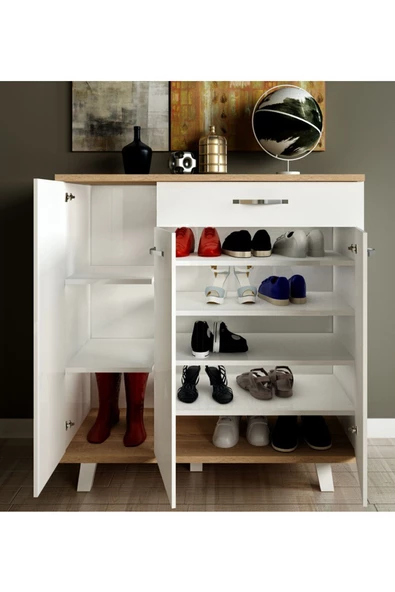 AEKA Ae-1076 Lavantes 3 Kapaklı Çekmeceli Beyaz Ayakkabılık Raflı Ayaklı