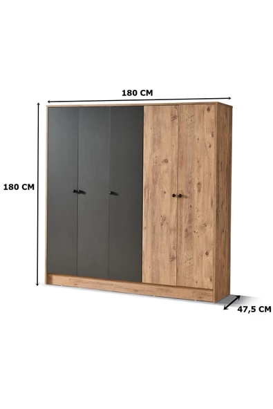 AEKA Ae-3059 Diva 5 Kapaklı Çok Amaçlı Askılıklı Raflı Bölmeli Atlantik Çam Ve Antrasit Gardırop 180 Cm - 3