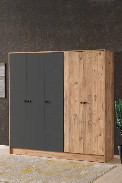 AEKA Ae-3059 Diva 5 Kapaklı Çok Amaçlı Askılıklı Raflı Bölmeli Atlantik Çam Ve Antrasit Gardırop 180 Cm - 4