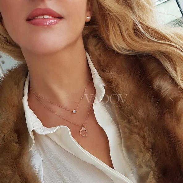 925 Ayar Gümüş Çift Zincirli Ay Yıldız Kolye ürün görseli