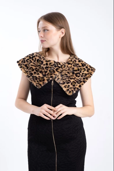 Modatalika Kadın Boydan Fermuarlı Leopar Yakalı Dantel Elbise - Resim 7
