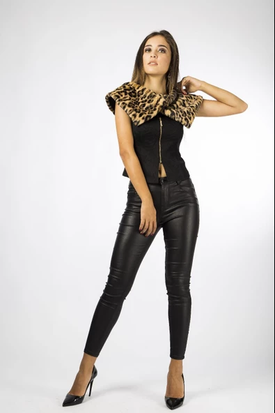 Modatalika Kadın Fermuarlı Geniş Yakalı Leopar Desenli Blüz - Resim 2