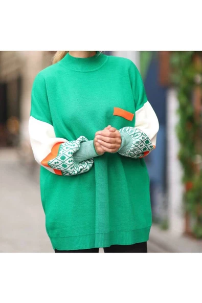 Modatalika  Uzun Kollu Desenli Oversize Triko Tunik - Resim 7