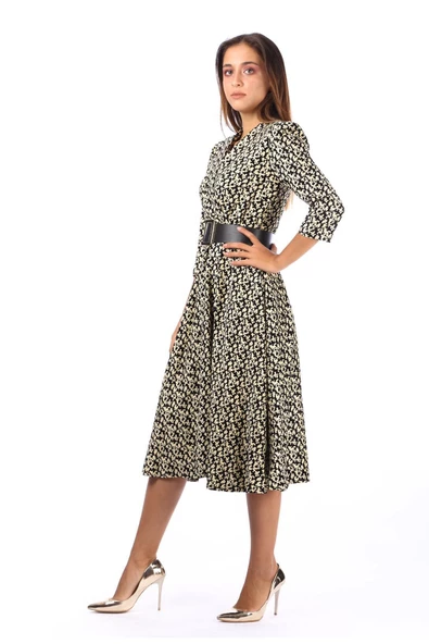 Modatalika Kadın Çiçek Desen Midi Boy Elbise - Resim 3