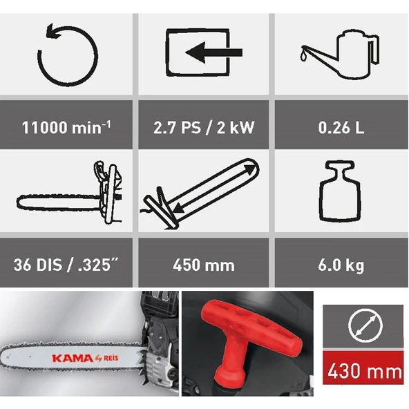 Kama KMR46 Motorlu Testere Benzinli 2.7 Hp 36 Diş - 2