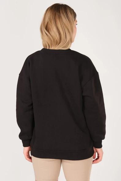 Kadın Sıfır Yaka Oversize Sweatshirt Siyah - 6