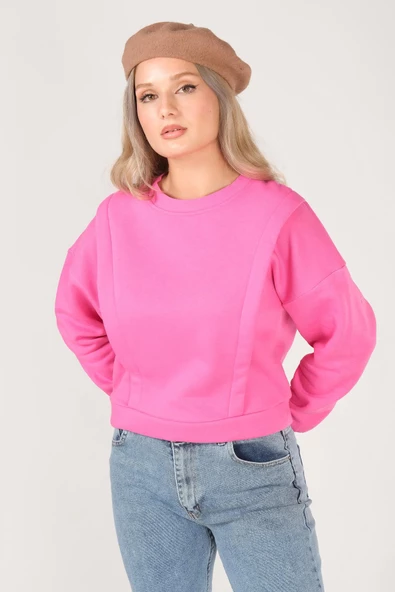 Kadın Sıfır Yaka Crop Sweatshirt Pembe - 5