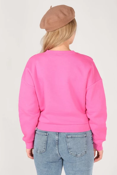 Kadın Sıfır Yaka Crop Sweatshirt Pembe - 6
