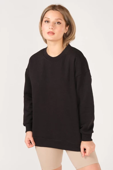 Kadın Sıfır Yaka Oversize Sweatshirt Siyah - 4