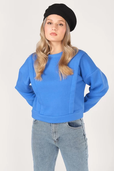 Kadın Sıfır Yaka Crop Sweatshirt Saks Mavi - 4