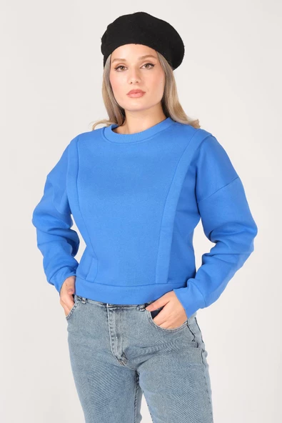 Kadın Sıfır Yaka Crop Sweatshirt Saks Mavi - 2