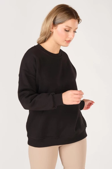 Kadın Sıfır Yaka Oversize Sweatshirt Siyah - 5