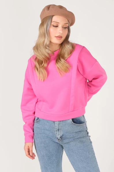 Kadın Sıfır Yaka Crop Sweatshirt Pembe