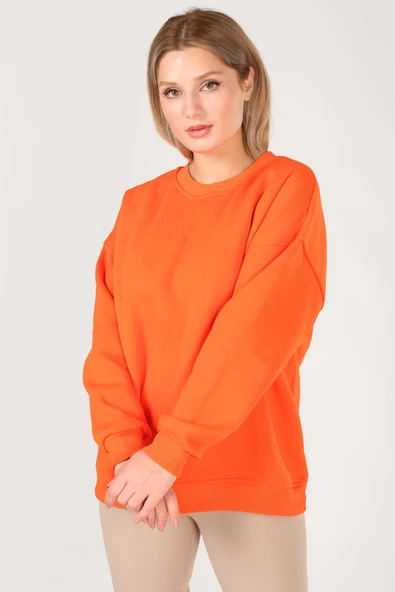 Kadın Sıfır Yaka Oversize Sweatshirt Turuncu - 5