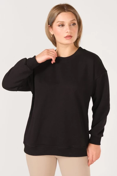 Kadın Sıfır Yaka Oversize Sweatshirt Siyah - 3