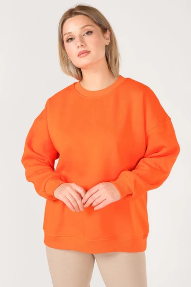 Kadın Sıfır Yaka Oversize Sweatshirt Turuncu - 3