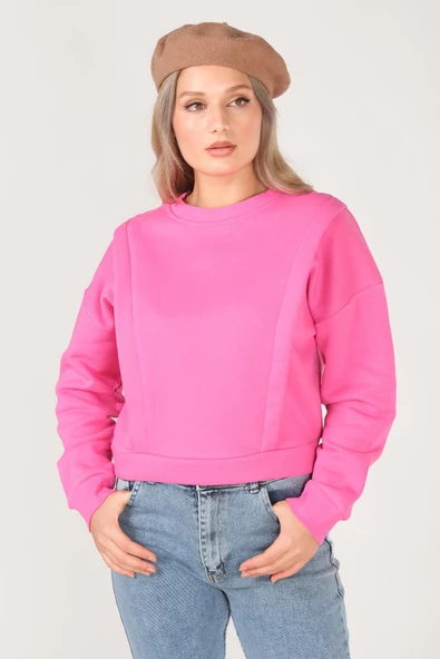 Kadın Sıfır Yaka Crop Sweatshirt Pembe - 3