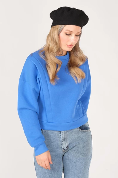 Kadın Sıfır Yaka Crop Sweatshirt Saks Mavi - 5