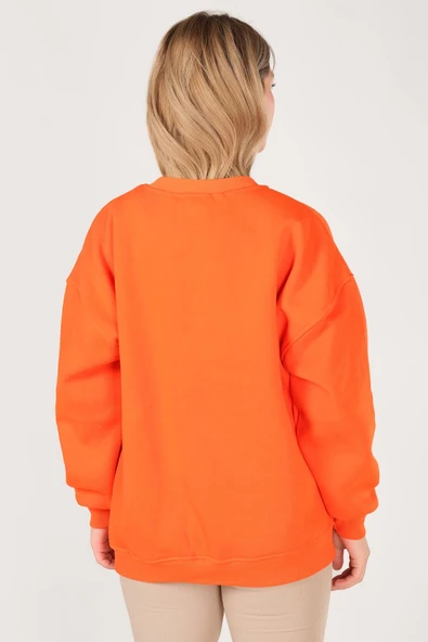 Kadın Sıfır Yaka Oversize Sweatshirt Turuncu - 6