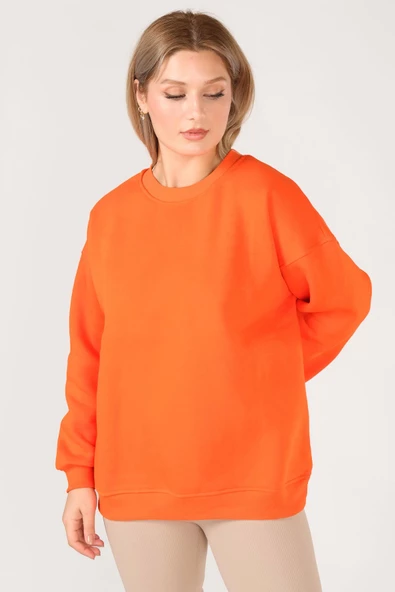 Kadın Sıfır Yaka Oversize Sweatshirt Turuncu