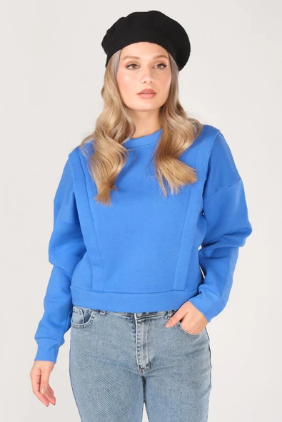 Kadın Sıfır Yaka Crop Sweatshirt Saks Mavi - 3