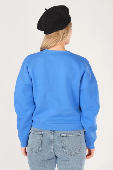 Kadın Sıfır Yaka Crop Sweatshirt Saks Mavi - 6