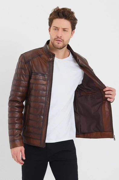 Fındık Renk Şişme Model Erkek Spor Deri Mont - 2