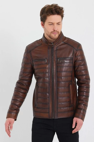 Fındık Renk Şişme Model Erkek Spor Deri Mont - 8