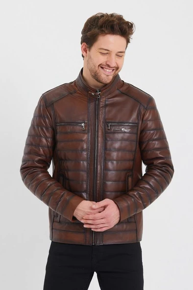 Fındık Renk Şişme Model Erkek Spor Deri Mont - 9