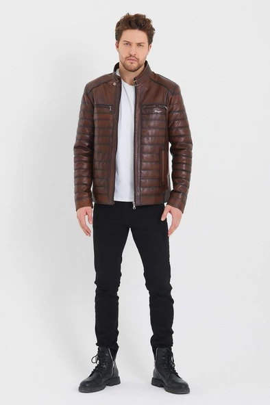 Fındık Renk Şişme Model Erkek Spor Deri Mont - 7