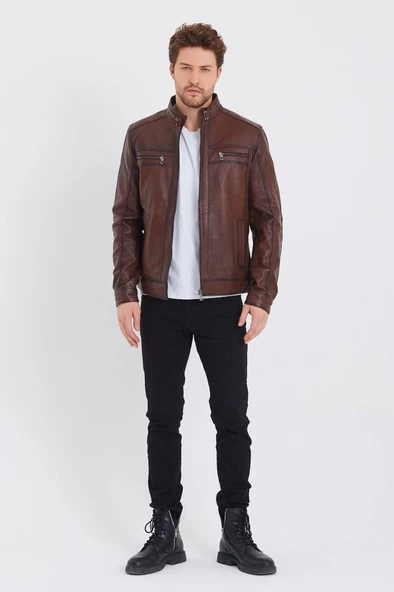 Fındık Renk Spor Erkek Deri Ceket - 3