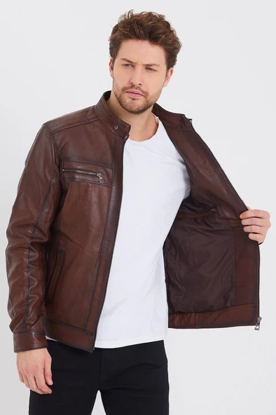 Fındık Renk Spor Erkek Deri Ceket - 7