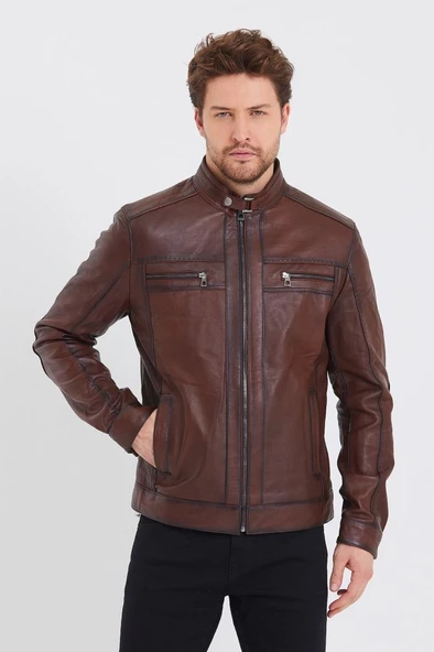 Fındık Renk Spor Erkek Deri Ceket - 10