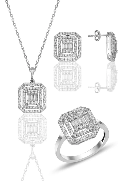 Gümüş Rodyumlu Pırlanta Montürlü Taşlı Baget Üçlü Set SGTL11922RODAJ ürün görseli