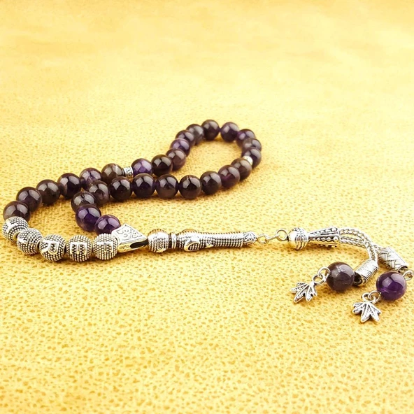 İsme Özel Sedef Akik Ametist Çift Püsküllü Doğal Taş Tesbih - 3