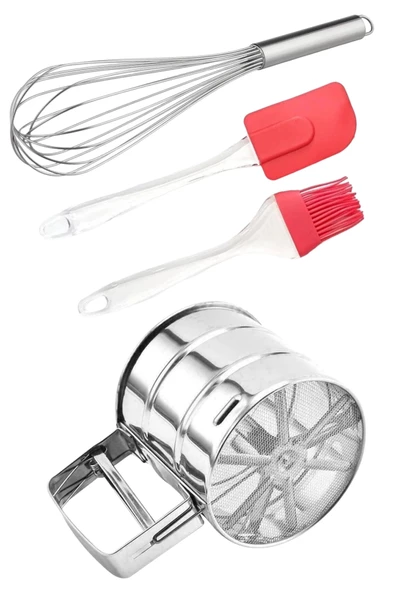 4'lü Un Eleği Basmalı Şeker Pudra Elek Çelik Yumurta Çırpıcısı Yumurta Fırçası Silikon Spatula Seti - 2