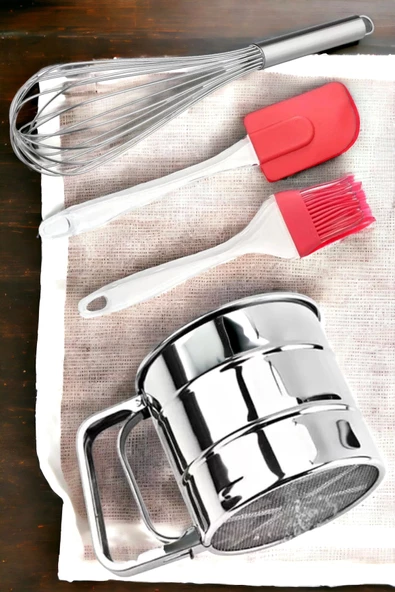 4'lü Un Eleği Basmalı Şeker Pudra Elek Çelik Yumurta Çırpıcısı Yumurta Fırçası Silikon Spatula Seti