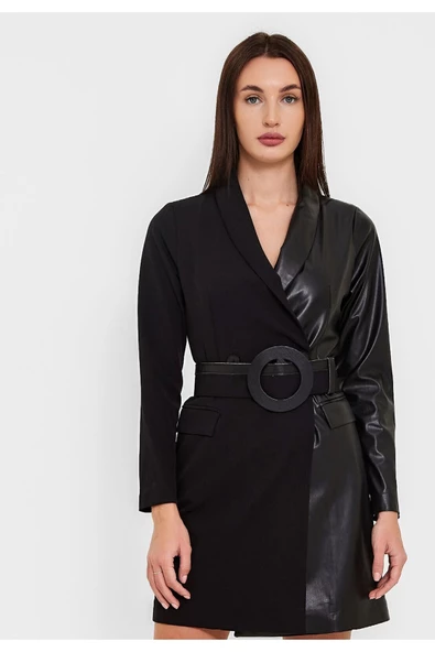 Modatalika Kadın Tasarım Suni Deri Kemerli Kısa Elbise - Resim 9