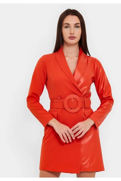 Modatalika Kadın Tasarım Suni Deri Kemerli Kısa Elbise - Resim 3