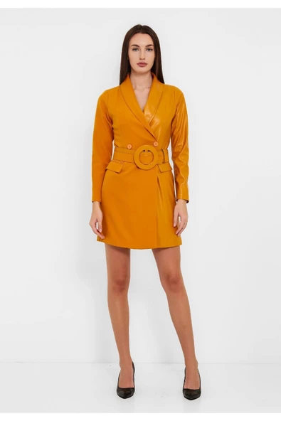 Modatalika Kadın Tasarım Suni Deri Kemerli Kısa Elbise - Resim 5