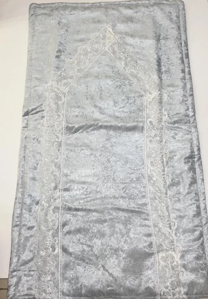 Tuğra Fransız Dantelli Kadife Seccade Namazlık 65 x 120 Gri - 2