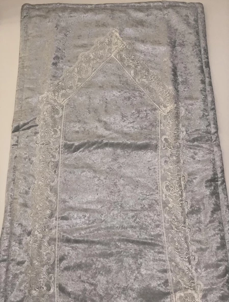 Tuğra Fransız Dantelli Kadife Seccade Namazlık 65 x 120 Gri - 3