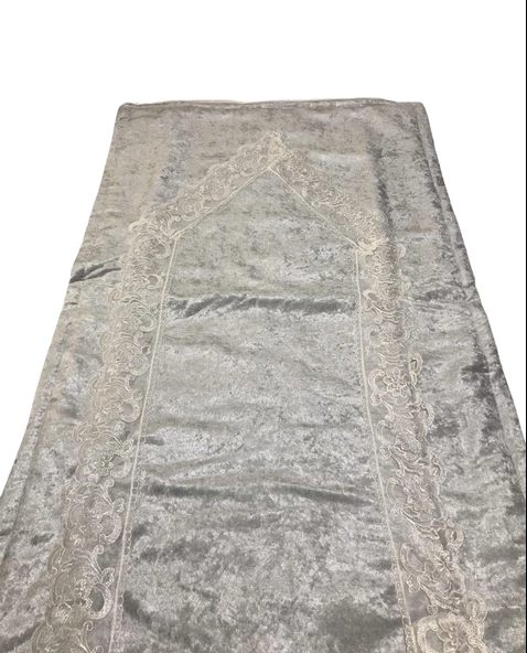 Tuğra Fransız Dantelli Kadife Seccade Namazlık 65 x 120 Gri - 4