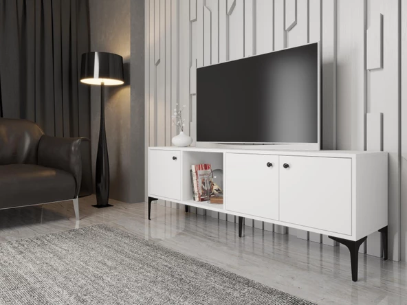 Wood'n Love Hira 160 Cm Metal Ayaklı Tv Ünitesi - Beyaz / Siyah